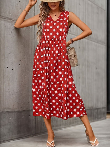 Printed V - Neck Sleeveless Midi Dress - LustMia