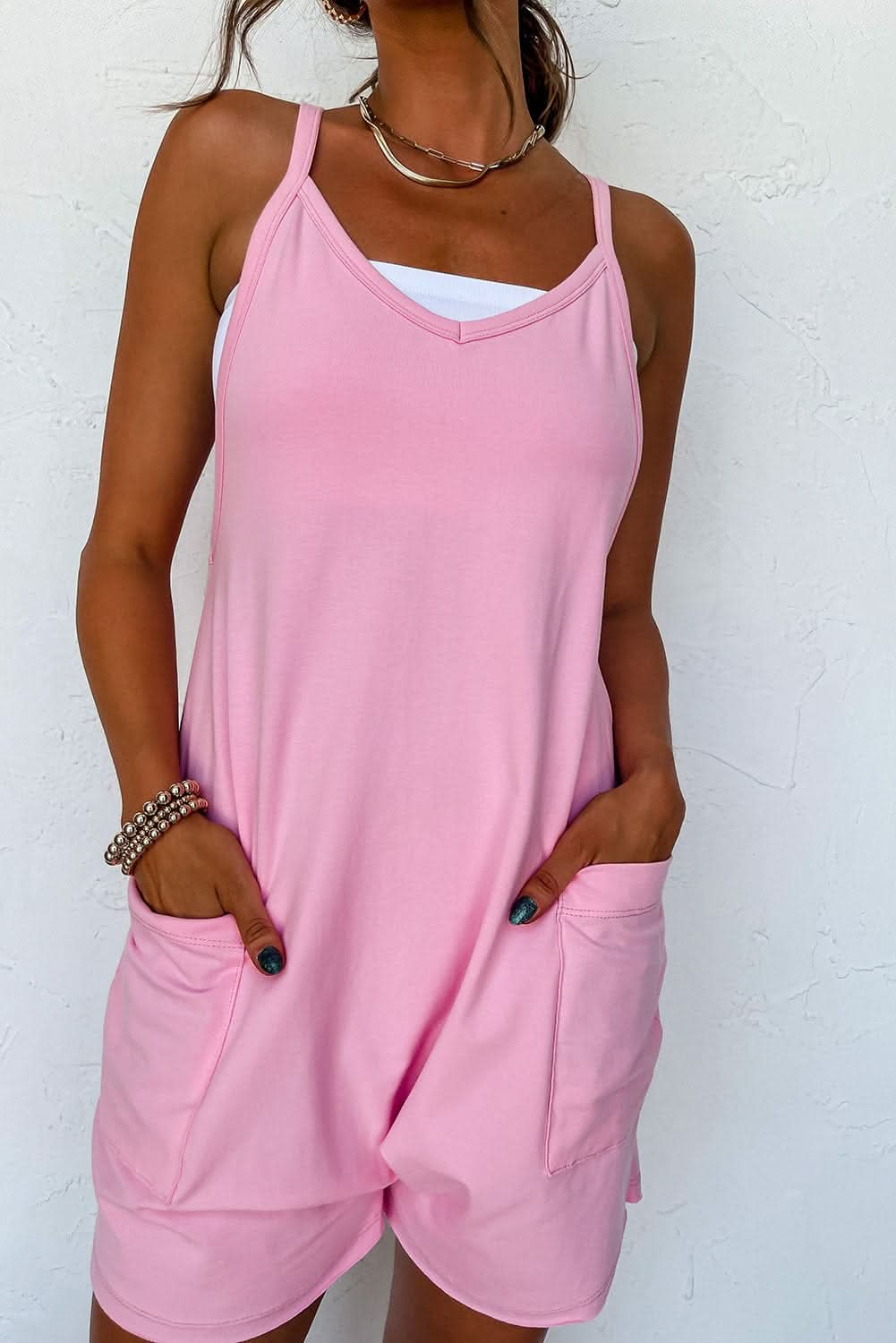 Pink Sleeveless Pocketed V Neck Jersey Romper - LustMia