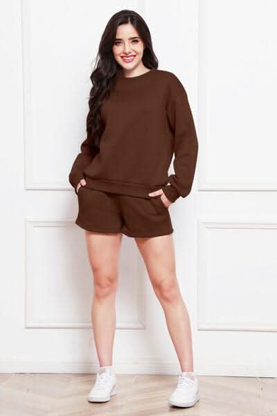 Round Neck Long Sleeve Sweatshirt and Drawstring Shorts Set - LustMia