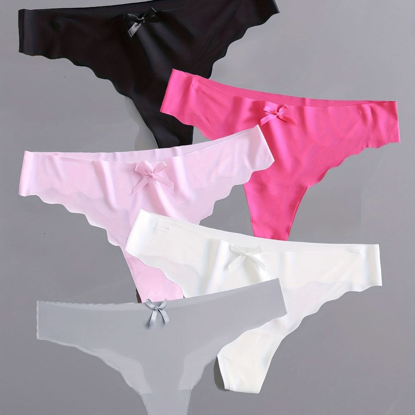 5pcs Scallop Trim Thongs, Seamless & Breathable Bow Tie Intimates Panties, Women's Lingerie & Underwear - LustMia