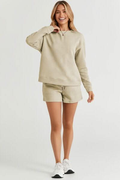 Double Take Full Size Texture Long Sleeve Top and Drawstring Shorts Set - LustMia