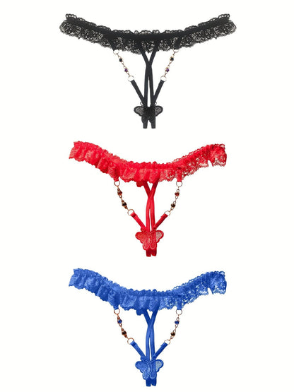 3pcs Floral Lace Thongs, Butterfly Pattern Chain Linked Open Crotch Panties, Women's Sexy Lingerie & Underwear - LustMia