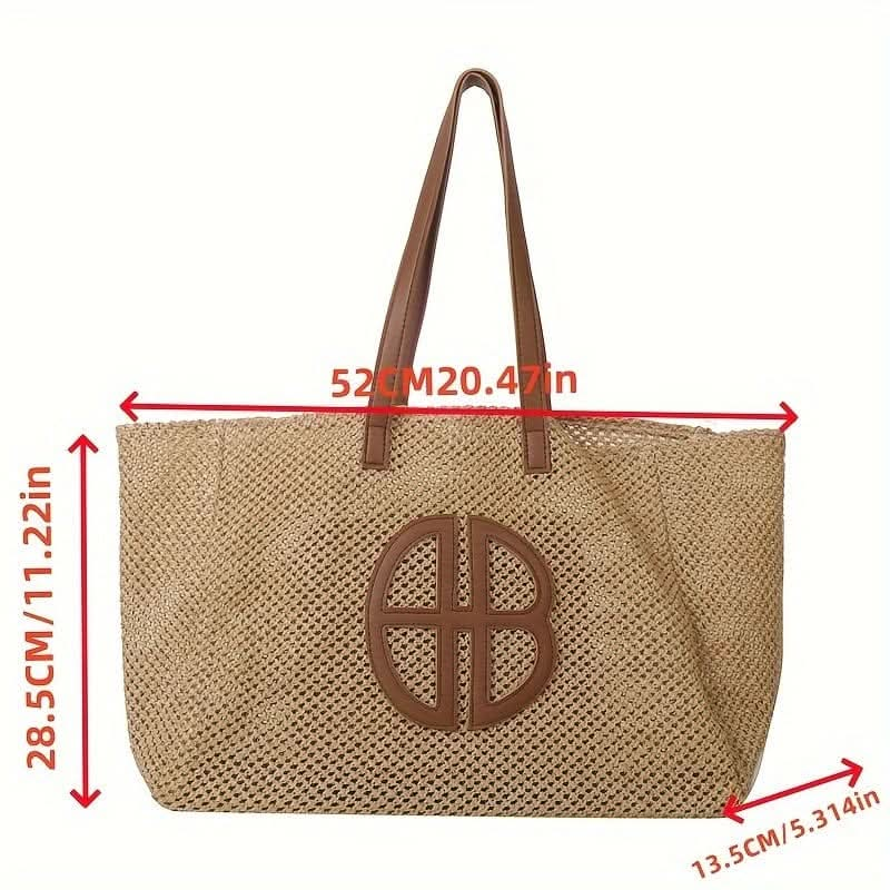 Fashion Beach Tote Bag For Women, With Contrast Design, Chic Shoulder Handbag, Casual Summer Straw Bag - LustMia