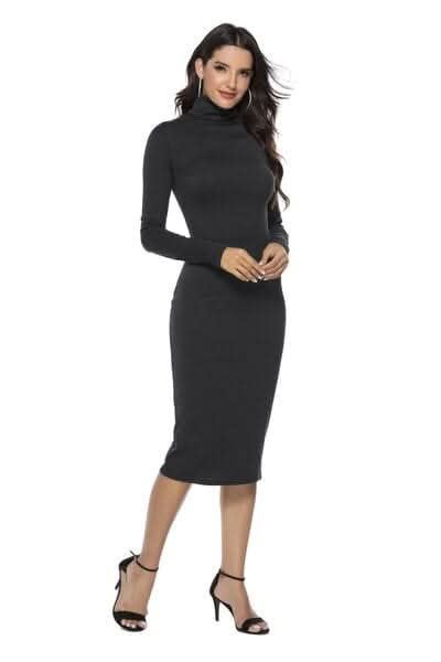 Ribbed Turtleneck Long Sleeve Dress - LustMia