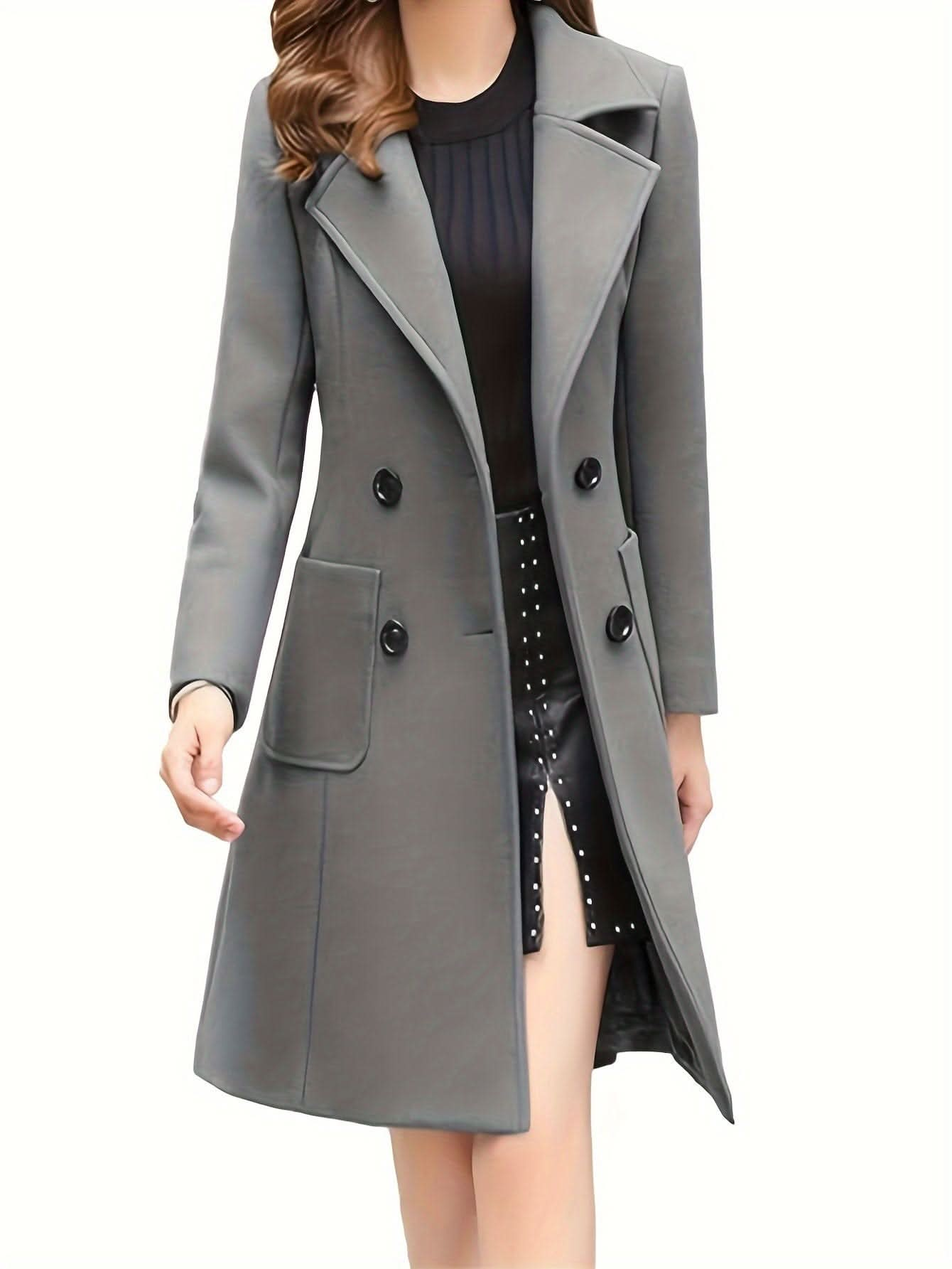 Women Winter Mid - Long Coat Notch Double - Breasted Lapel Jacket Outwear - LustMia