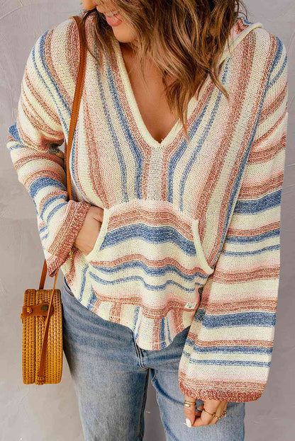 Striped Hooded Sweater with Kangaroo Pocket - LustMia