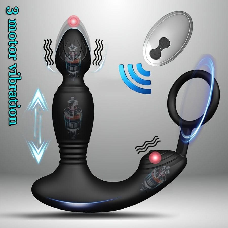 Potent 3 - Motor Thrusting Anal Vibrator with Penis Ring & Prostate Massage - 10 Modes, Waterproof, USB - Powered with Infrared Remote Control, Latex - Free - LustMia