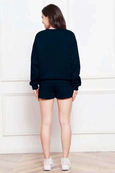 Round Neck Long Sleeve Sweatshirt and Drawstring Shorts Set - LustMia