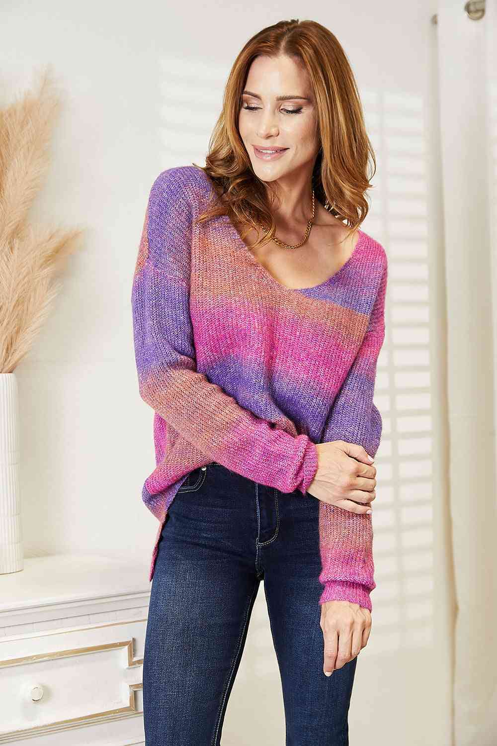 Double Take Multicolored Rib - Knit V - Neck Knit Pullover - LustMia