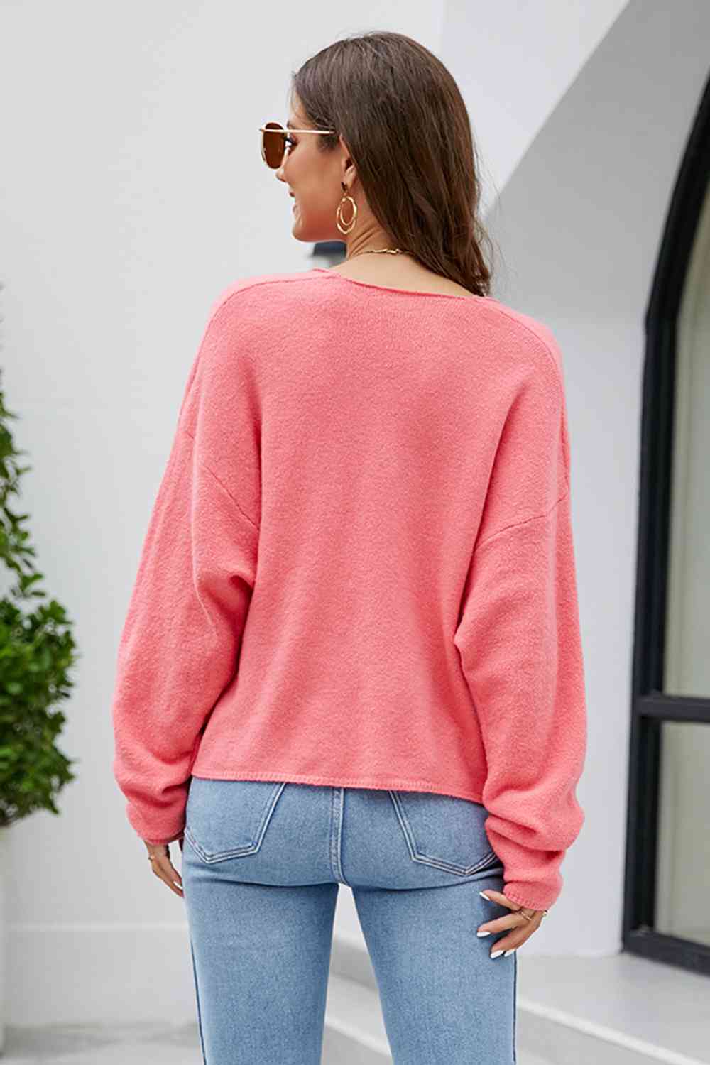 V - Neck Drop Shoulder Long Sleeve Knit Top - LustMia