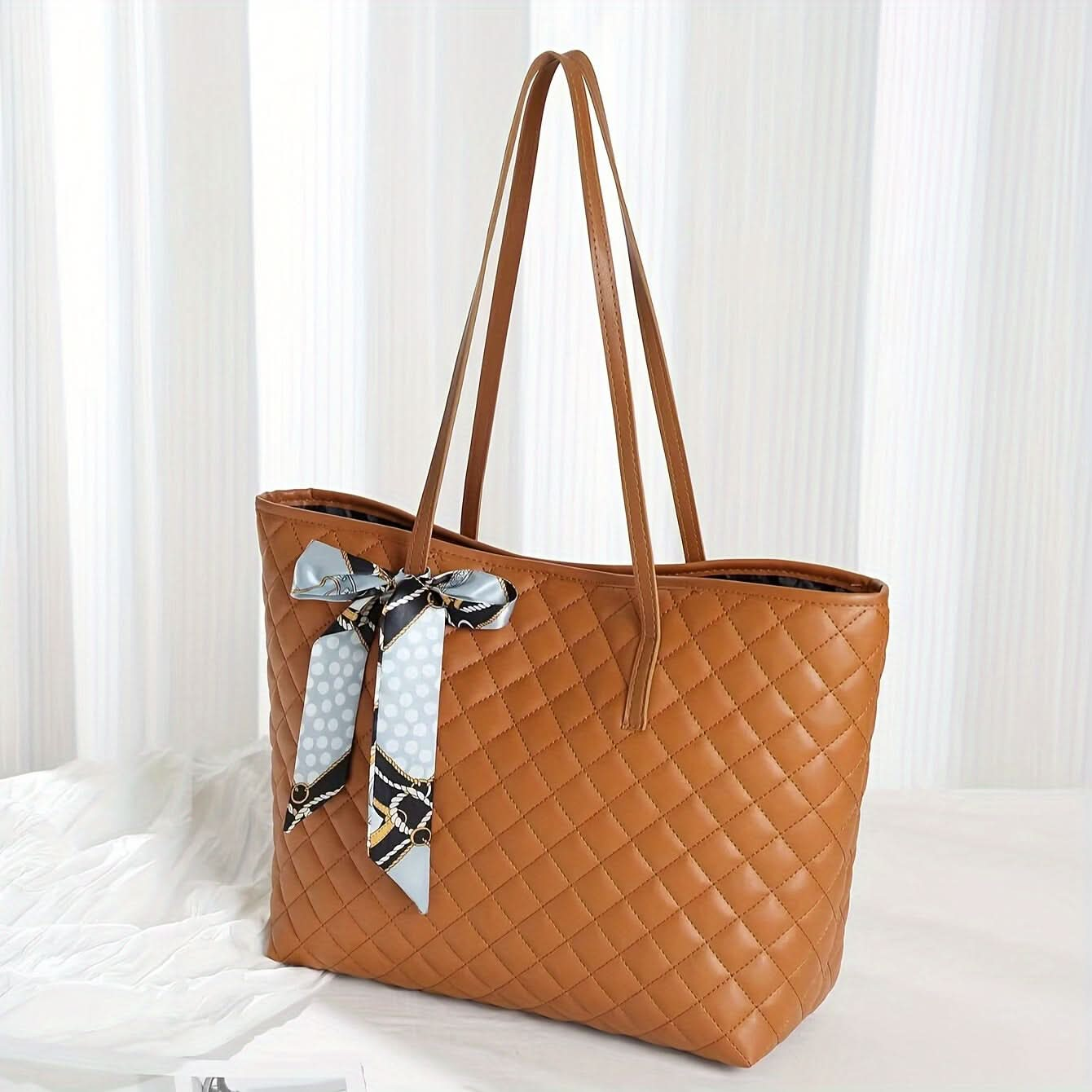 Quilted Tote Bag with Bow - Black, White, and Brown - LustMia