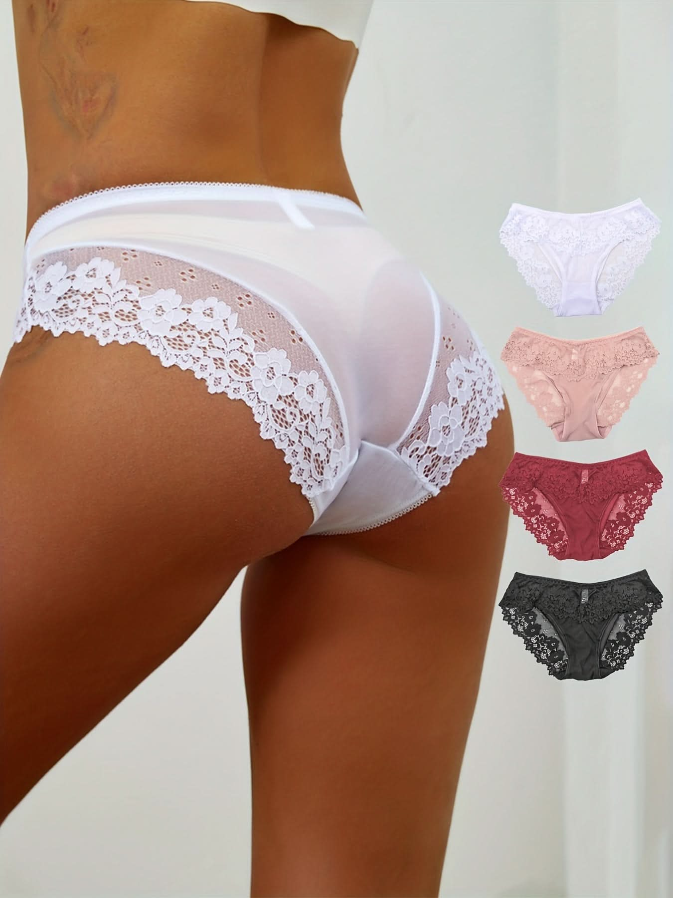 4pcs Contrast Lace Mesh Briefs, Comfy & Breathable Sheer Intimates Panties, Women's Lingerie & Underwear - LustMia