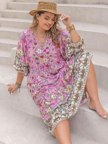 Plus Size Floral V - Neck Balloon Sleeve Midi Dress - LustMia