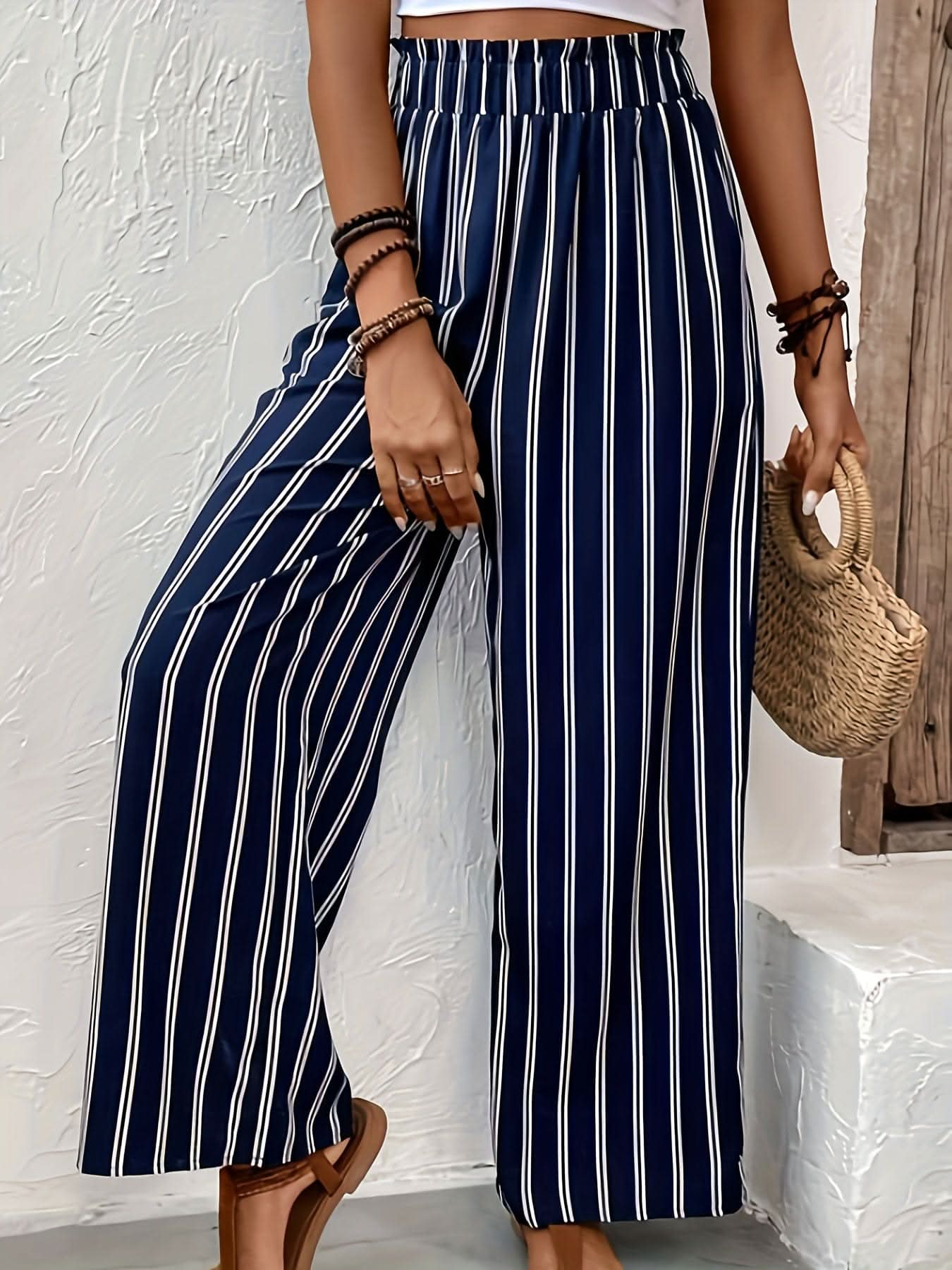 Elegant Striped WideLeg Pants Paper Bag Waist - LustMia