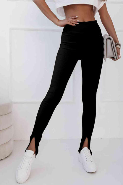 High Waist Ribbed Slit Leggings - LustMia