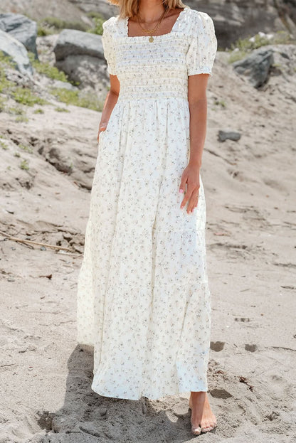 White Tiered Floral Maxi Dress - LustMia