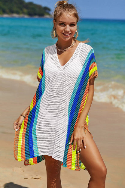 Openwork Striped Slit Knit Cover Up - LustMia