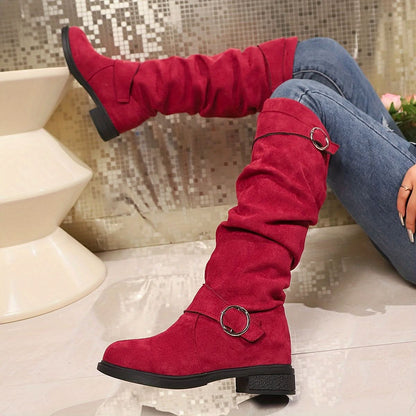 Women's Solid Color Trendy Boots, Buckle Belt Pull On Chunky Heel High Knee Boots - LustMia