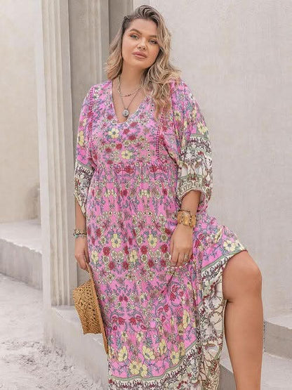 Plus Size Floral V - Neck Balloon Sleeve Midi Dress - LustMia