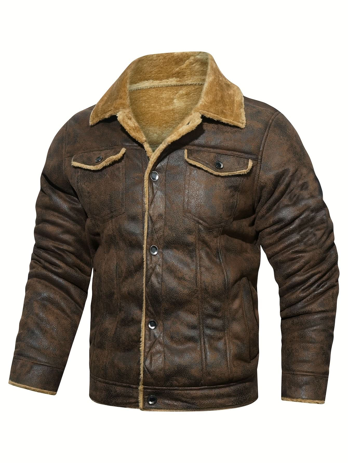 Men's Casual Faux Leather Jacket - Warm, Windproof Outerwear with Pockets for Fall/Winter - LustMia