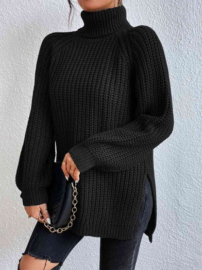 Full Size Turtleneck Rib - Knit Slit Sweater - LustMia