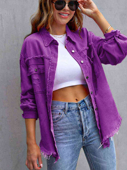 Distressed Drop Shoulder Denim Jacket - LustMia