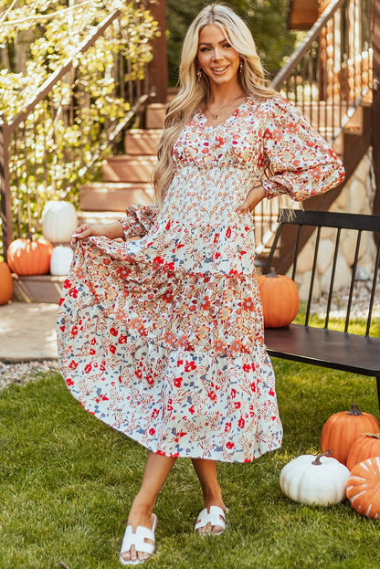 Khaki Floral Print Ruffled Tiered Long Sleeve V Neck Midi Dress - LustMia