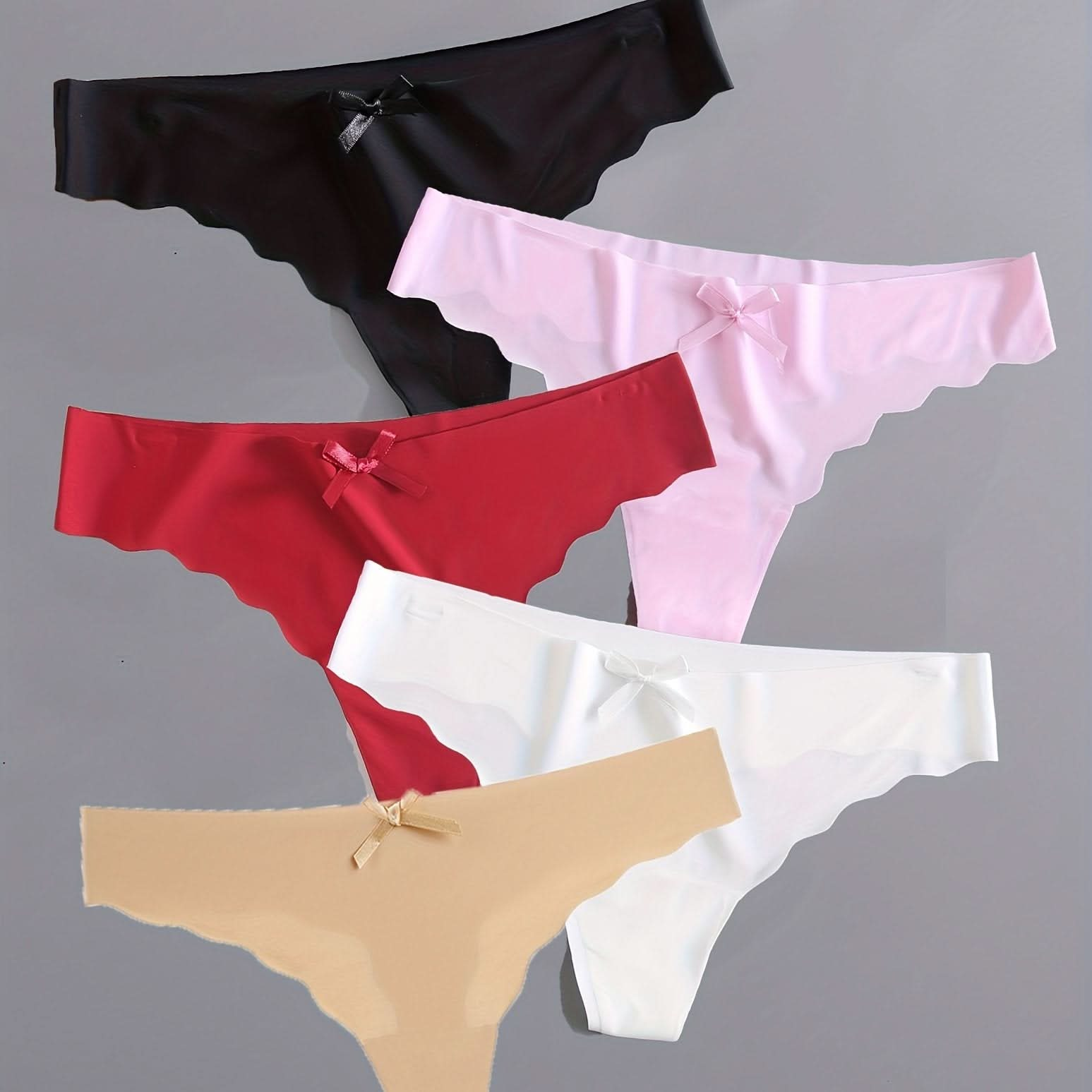 5pcs Scallop Trim Thongs, Seamless & Breathable Bow Tie Intimates Panties, Women's Lingerie & Underwear - LustMia