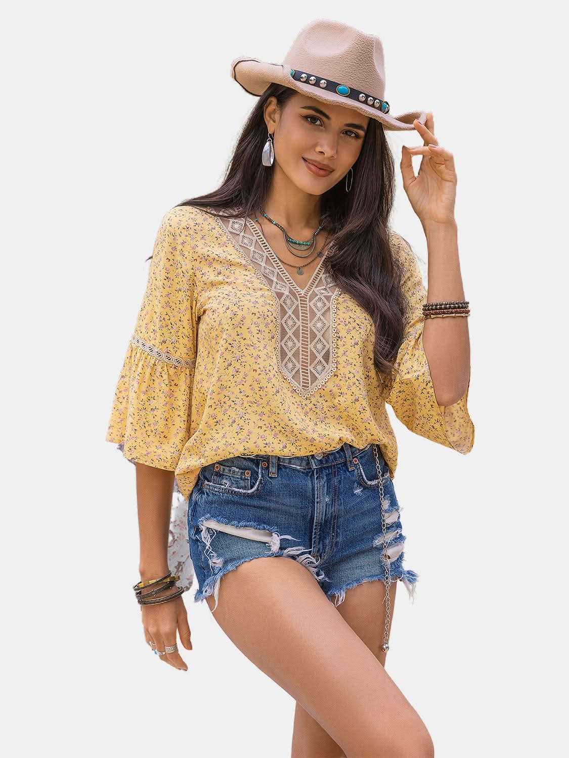 Ditsy Floral V - Neck Blouse - LustMia