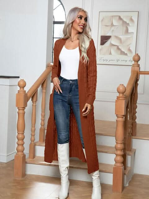 Cable - Knit Open Front Cardigan with Pockets - LustMia