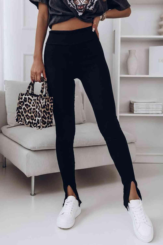 High Waist Ribbed Slit Leggings - LustMia