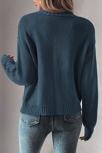 Real Teal Open Knit Drop Shoulder Sweater Cardigan - LustMia