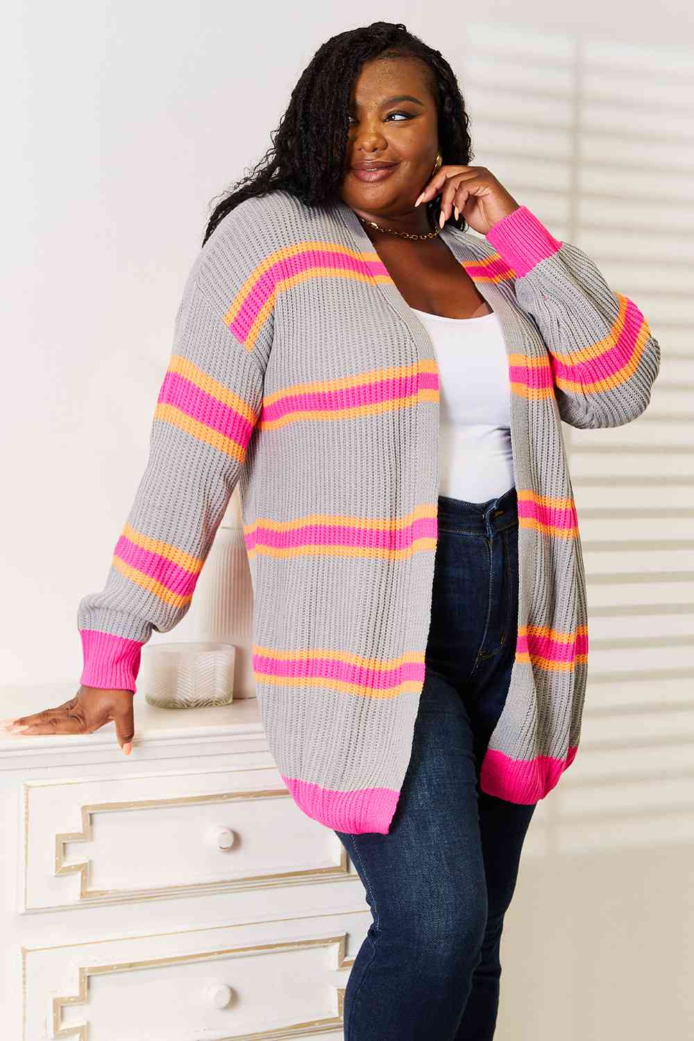 Woven Right Ribbed Long Sleeve Cardigan - LustMia