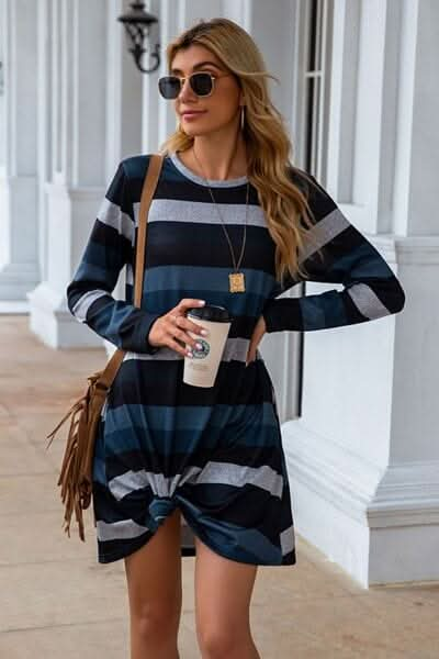 Striped Round Neck Long Sleeve Dress - LustMia