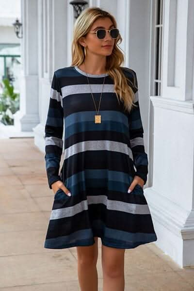 Striped Round Neck Long Sleeve Dress - LustMia