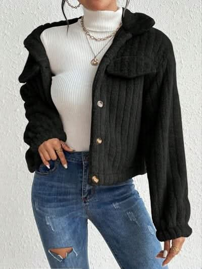 Fuzzy Button Up Collared Neck Jacket - LustMia