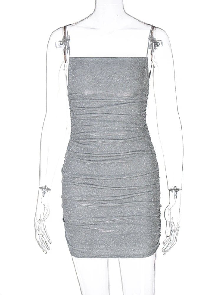 Sexy Sleeveless Shiny Silver Bright Silk Slim Bodycon Mini Dress Women Spaghetti Strap Skinny Dress Elegant Club Party Vestidos - LustMia