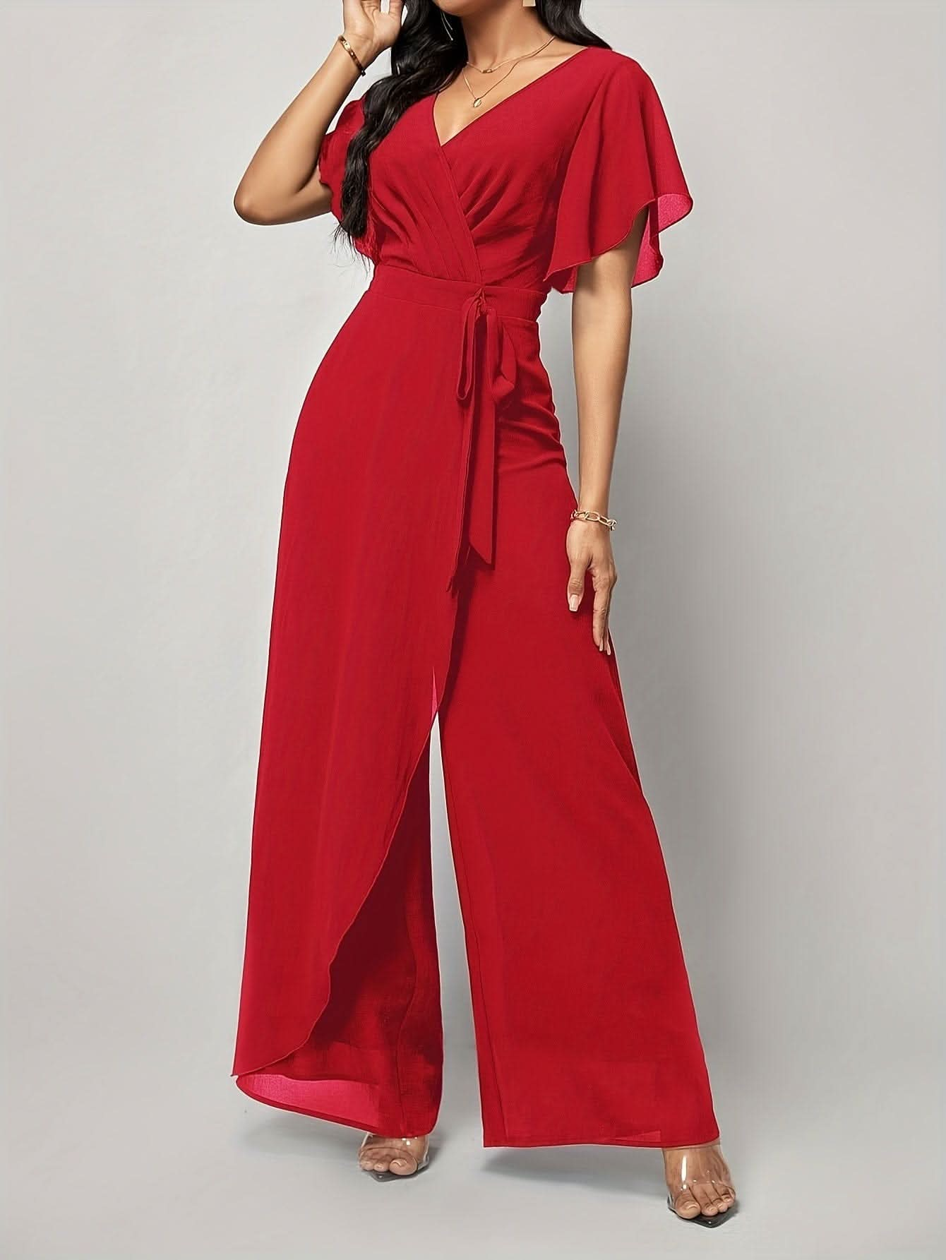 Chic WideLeg Surplice Jumpsuit Flattering Backless Adjustable Tie Waist - LustMia