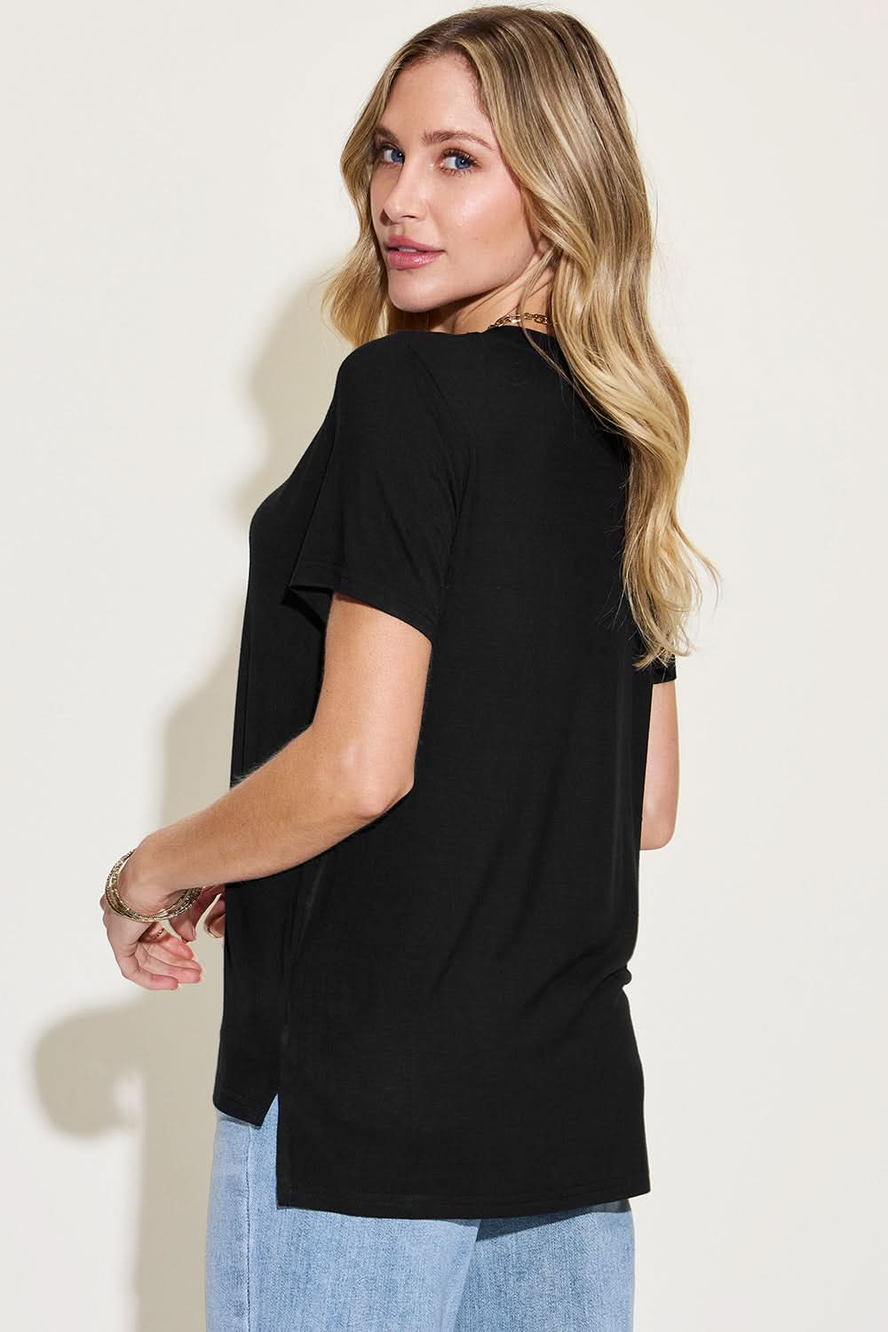 Basic Bae Full Size V - Neck High - Low T-Shirt - LustMia