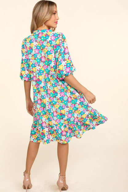 Haptics Bubble Sleeve Floral Ruffled Dress - LustMia