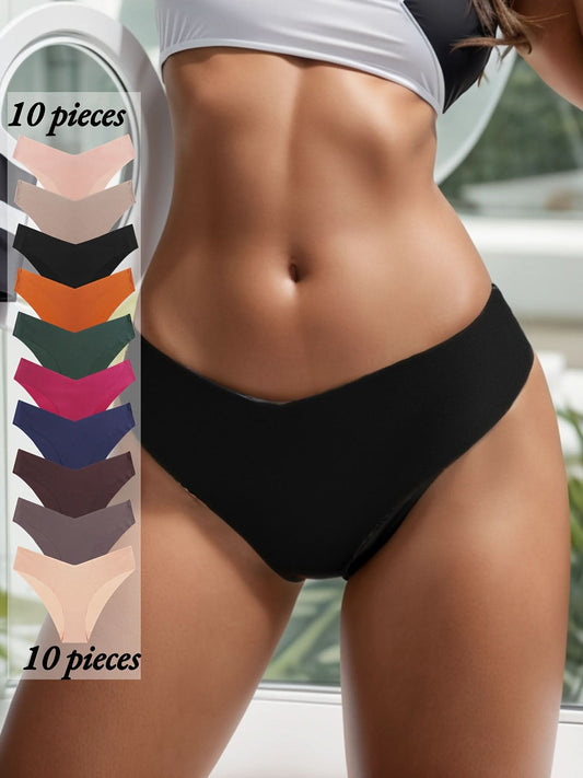 10pcs Seamless Solid Briefs, Comfy & Breathable Stretchy Intimates Panties, Women's Lingerie & Underwear - LustMia