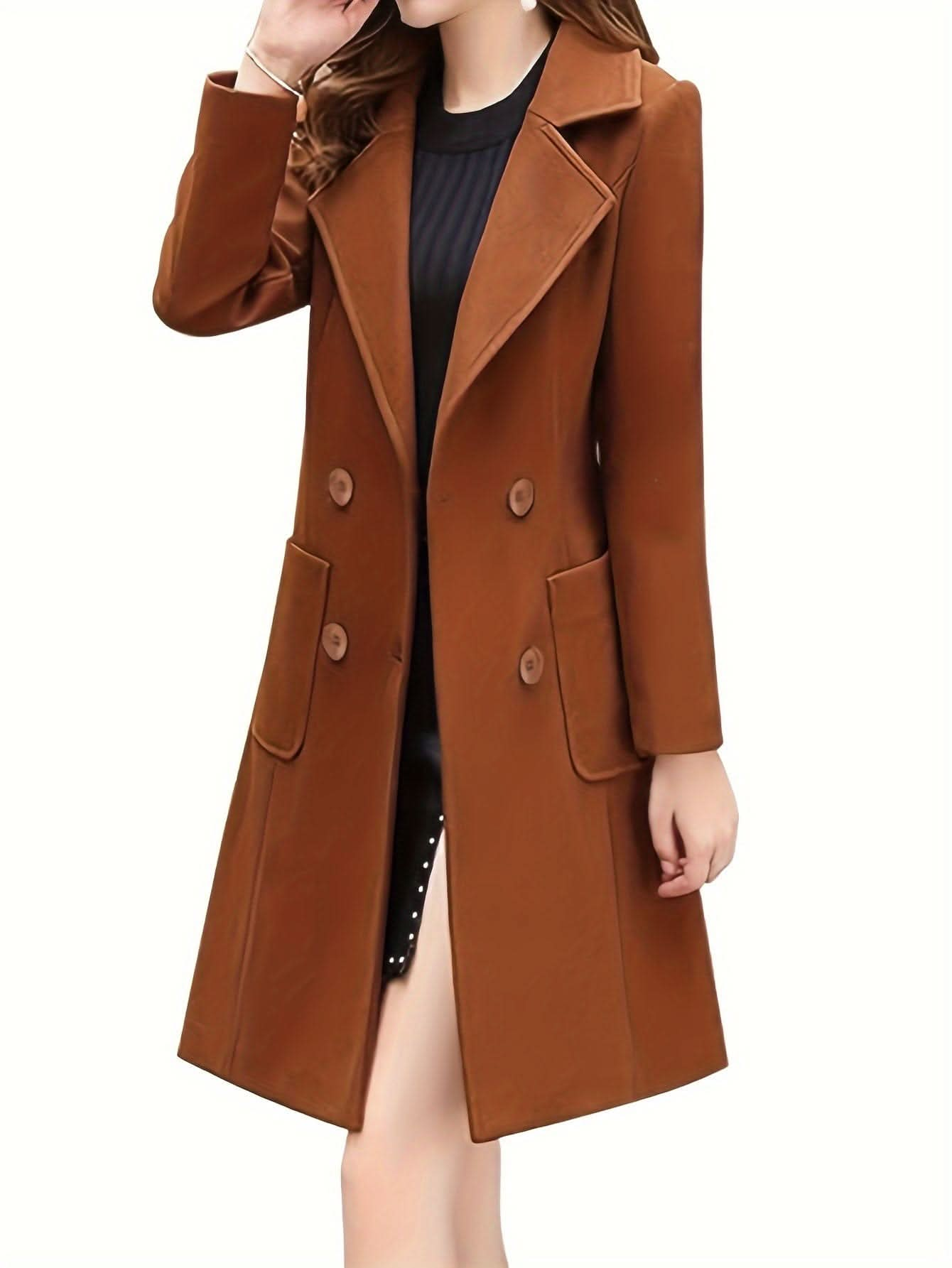 Women Winter Mid - Long Coat Notch Double - Breasted Lapel Jacket Outwear - LustMia