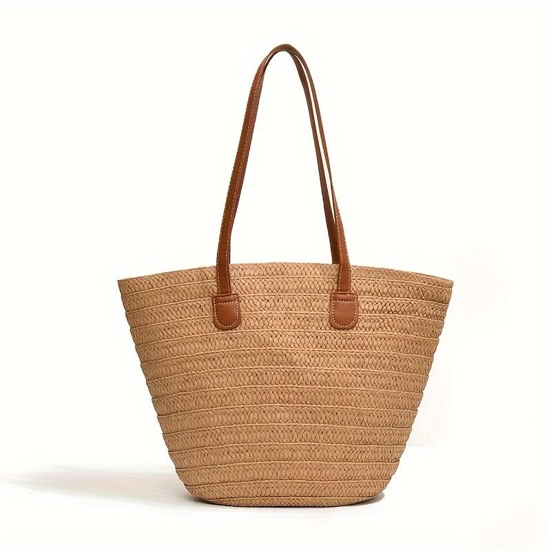 1pc, Fashion Chic Straw Woven Shoulder Tote Bag, Women's Large Capacity Handbag, Casual Versatile Beach Vacation Bag - LustMia