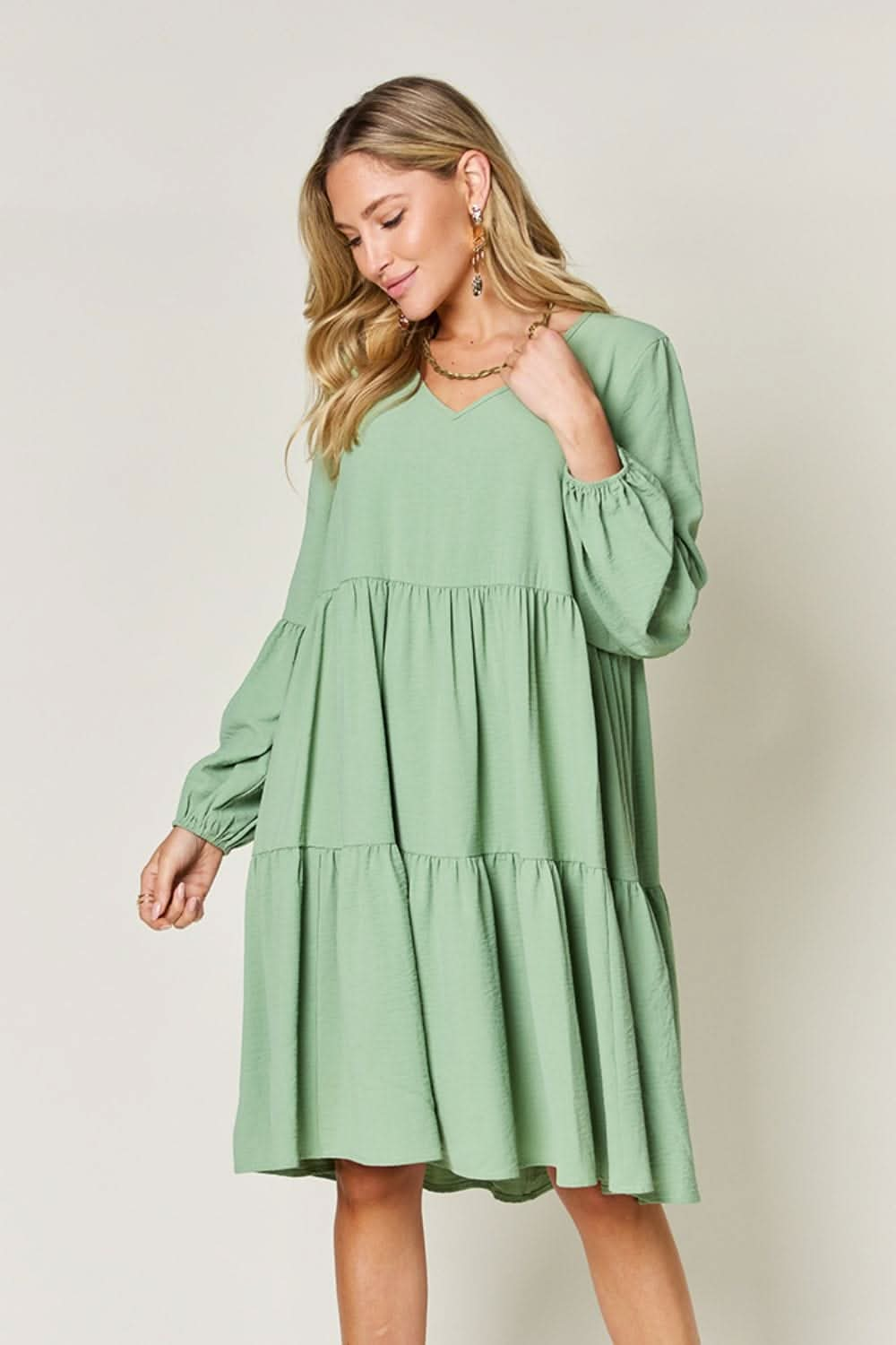 Double Take Full Size V - Neck Balloon Sleeve Tiered Dress - LustMia