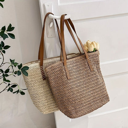 Large Capacity Boho Straw Woven Tote Bag - Stylish Beach & Travel Shoulder Bag - Handcrafted, Durable, Lightweight, Perfect for Vacations - LustMia