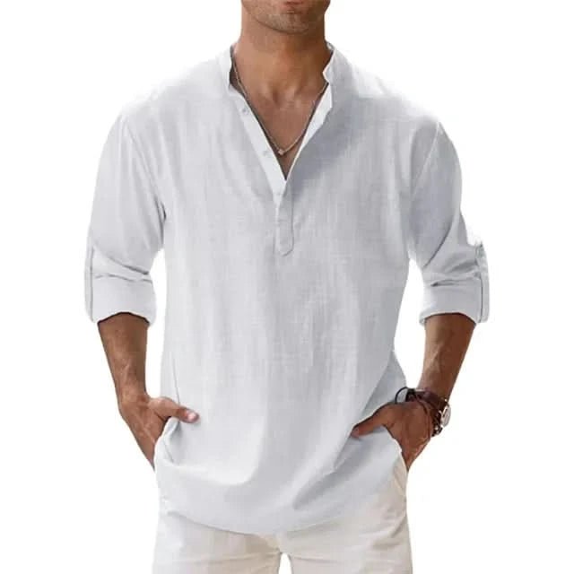 New Men's Linen Long Sleeve T-Shirts Breathable Shirt Casual Basic Cotton Linen Shirt Tops S - 5XL - LustMia