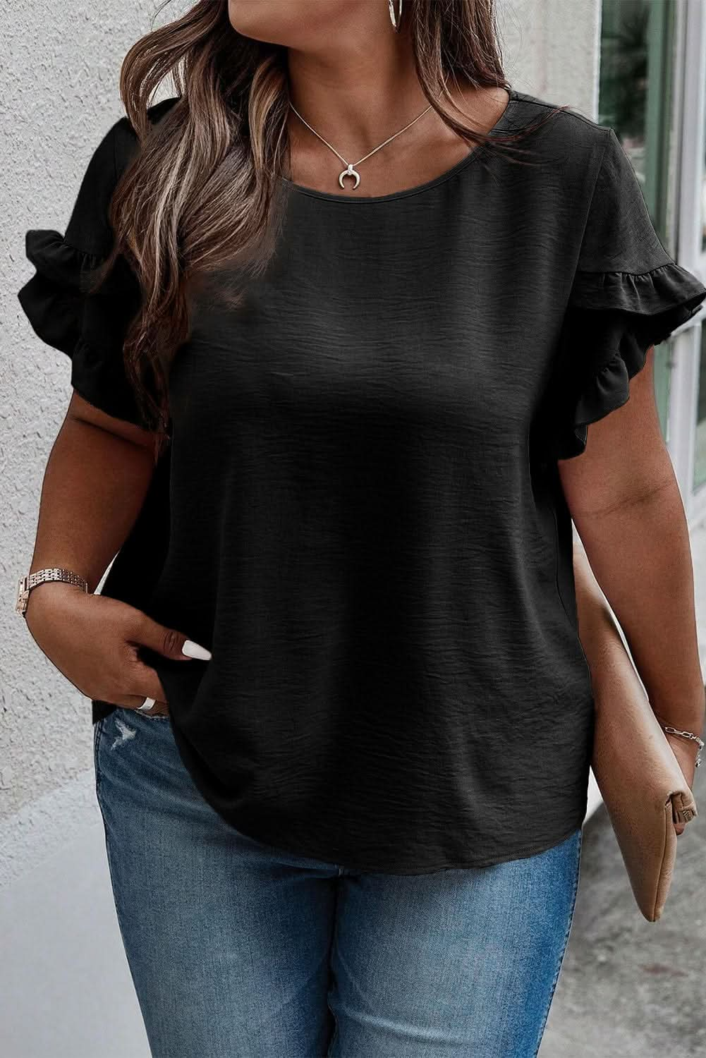 Plus Size Ruffled Round Neck Short Sleeve Blouse - LustMia