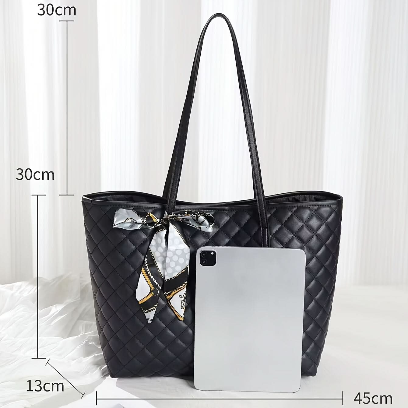 Quilted Tote Bag with Bow - Black, White, and Brown - LustMia