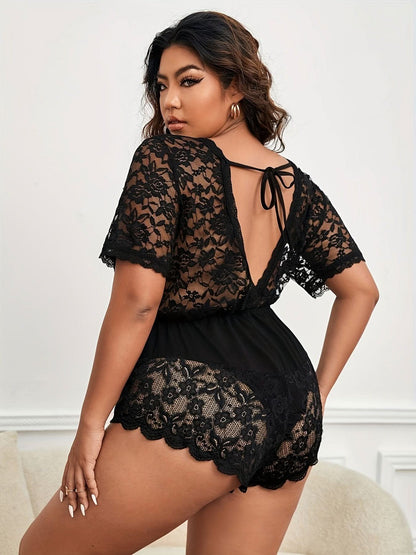 Plus Size Sexy Sleepwear Romper, Women's Plus Floral Lace Scalloped Trim Deep V Neck Tie Back Home Wear Romper - LustMia