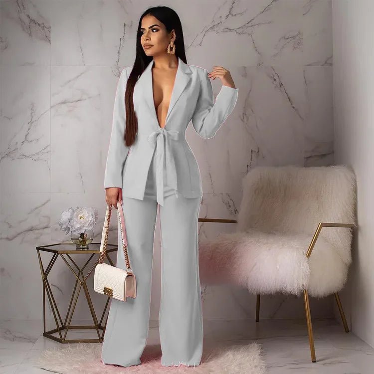 Matching Sets Cardigan Outerwear Full Length Wide Leg Pant Sets Solid Two Pieces set Loose Pockets Office Lady 2024 Spliced - LustMia